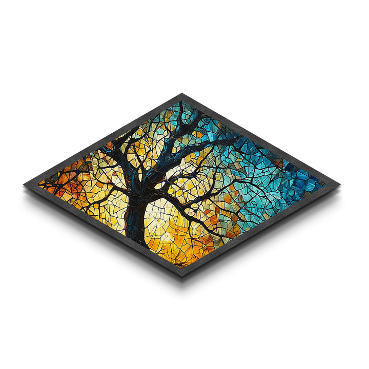 Branching Light Mosaic — Diamond Shaped Canvas Embossed Print glowing stained glass tree artwork, spiritual living room boho decor