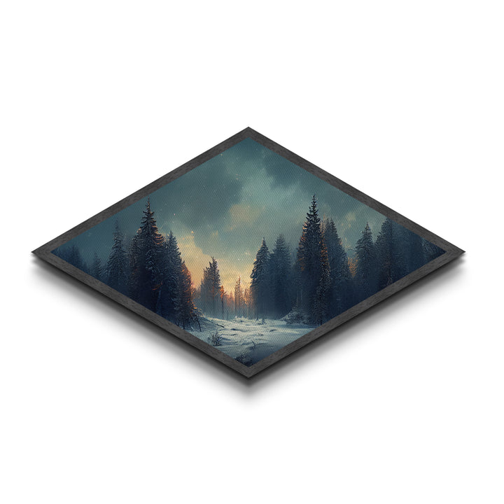 Snowy Forest Twilight Diamond Shaped Canvas Textured Print, Winter Pines Sunset Wall Art, Cozy Rustic Cabin Nature Scene Accent