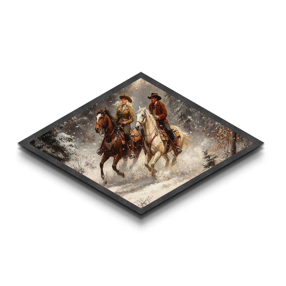 Snowy Ride Together Diamond Shaped Canvas Textured Print rustic winter cowboy wall art lodge decor western cabin Christmas gift