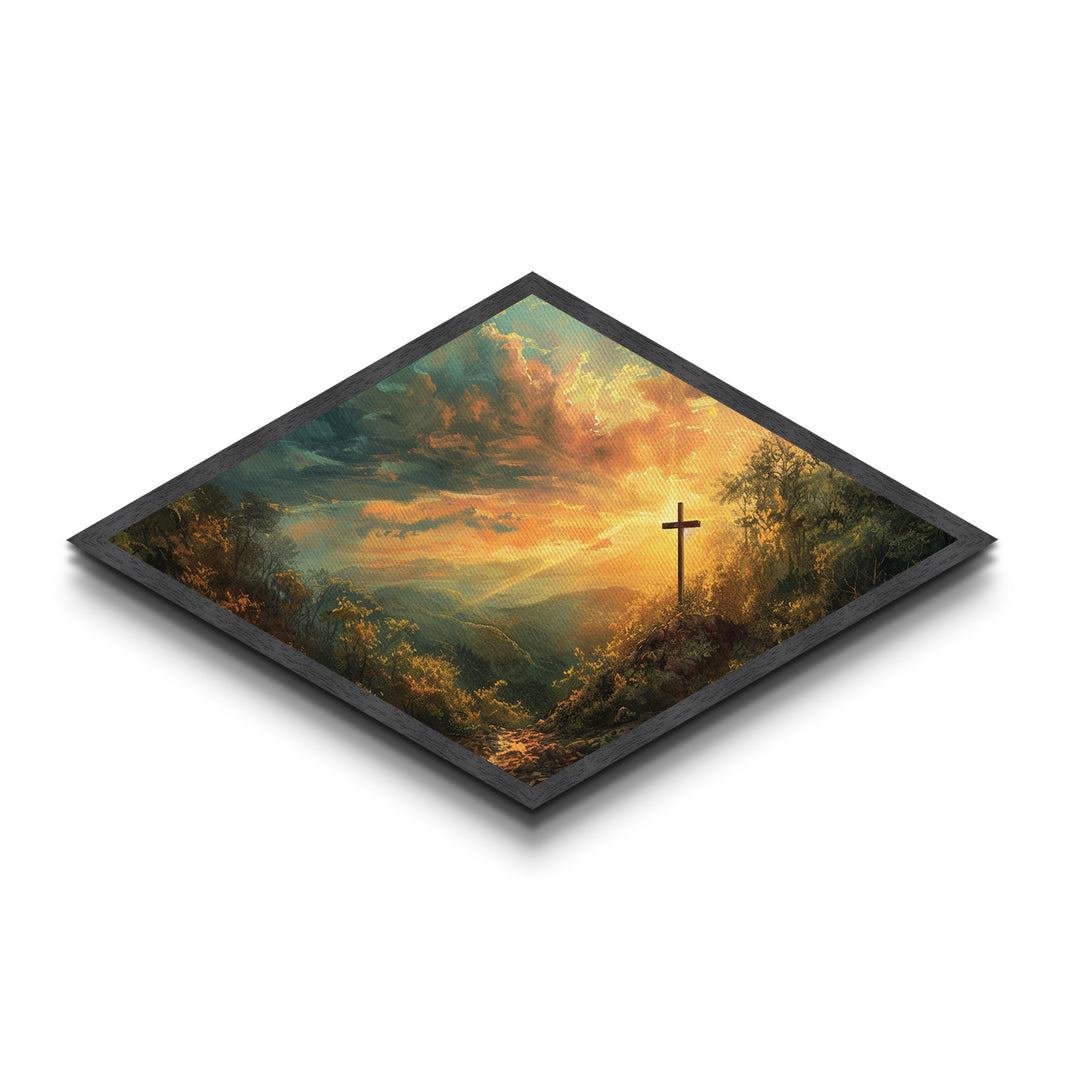 Glory Hill Sunrise Diamond Shaped Canvas Embossed Print Christian spiritual artwork living room decor Easter resurrection gift