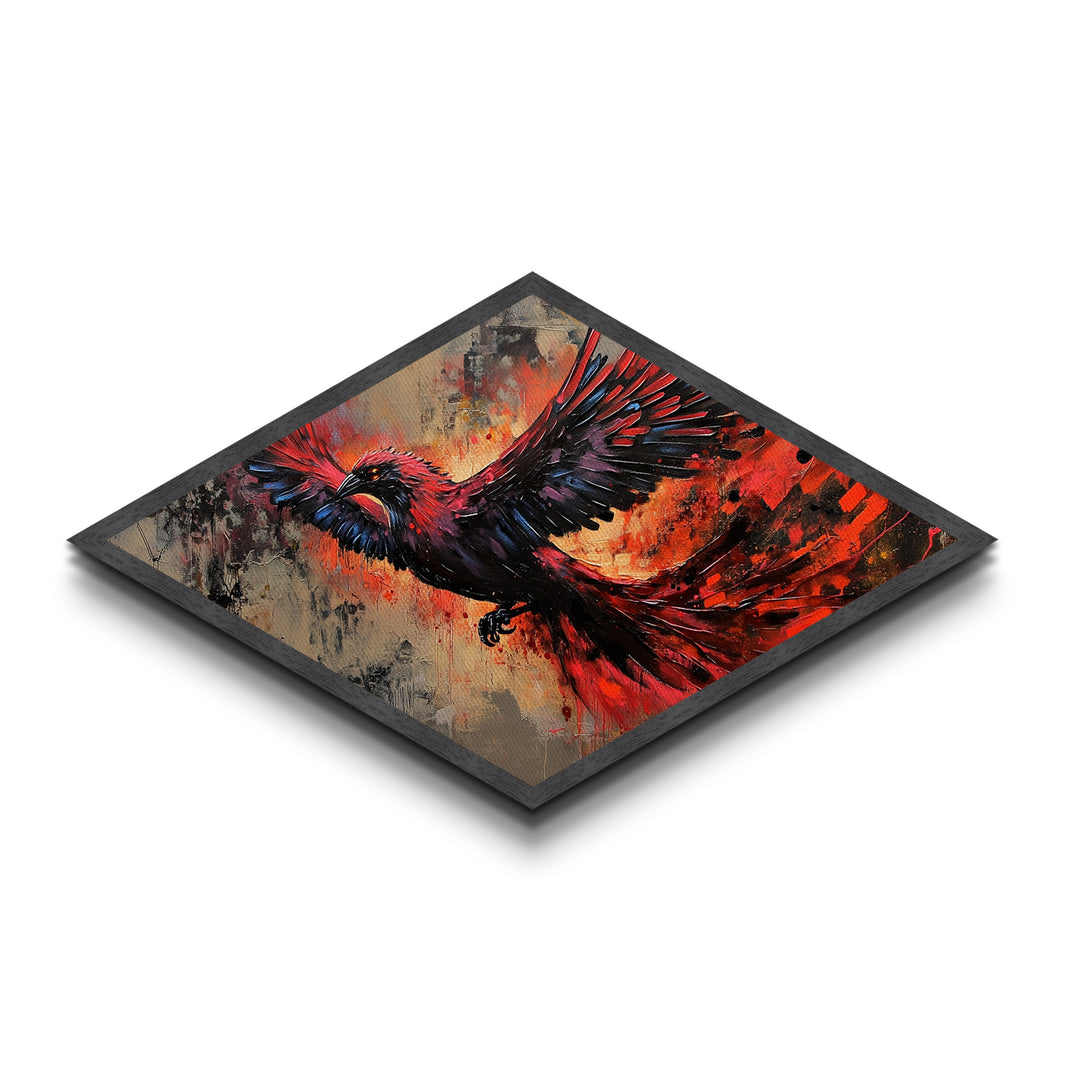 Fiery Phoenix Flight Diamond Shaped Canvas Textured Print red black bird in motion dynamic modern expressionism bold home wall statement
