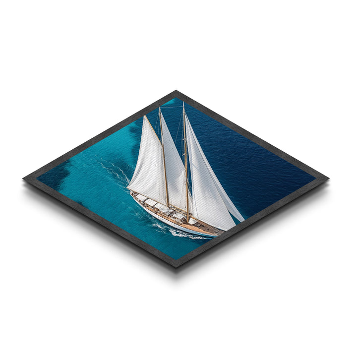 Azure Horizon Yacht Diamond Shaped Canvas Art Print elegant sailing ship overhead view crisp turquoise waters nautical wall decor piece