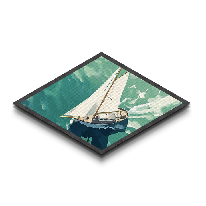 Serene Sailing Calm Diamond Shaped Canvas Textured Print illustrated boat over green sea minimalist marine design tranquil beach house vibe