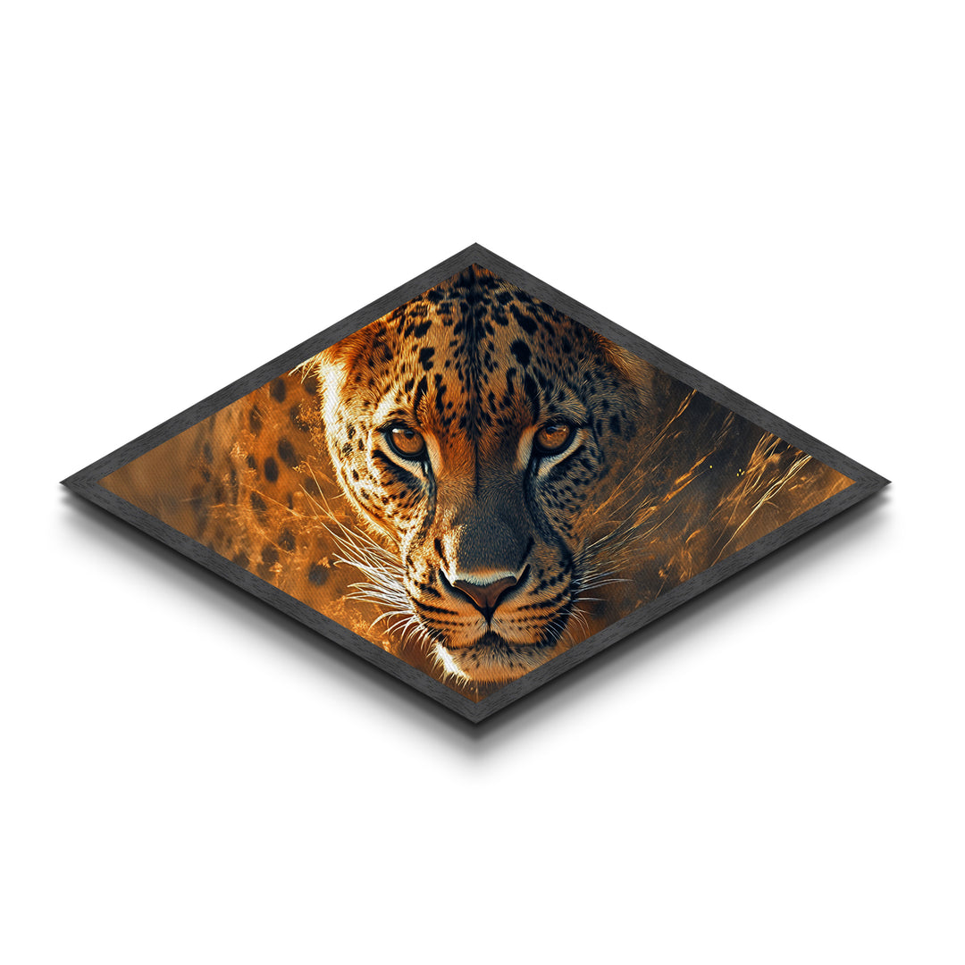 Electric Leopard Gaze Diamond Shaped Canvas Embossed Print Big Cat Wall Art Jungle Animal Decor Wildlife Accent Living Room Bold Gift