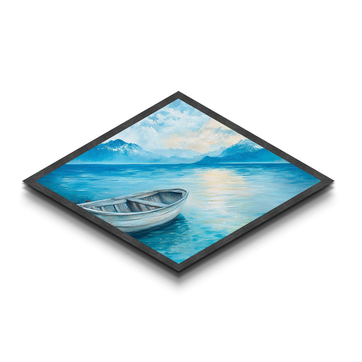 Tranquil Rowboat - Diamond Shaped Canvas Art Print Coastal Landscape Home Wall Decor Serene Lakeview Bedroom Nautical Painting