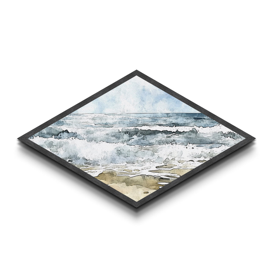 Coastal Break - Diamond Shaped Canvas Textured Print Ocean Wave Beach Art Nautical Bathroom Decor Relaxing Watercolor Seascape