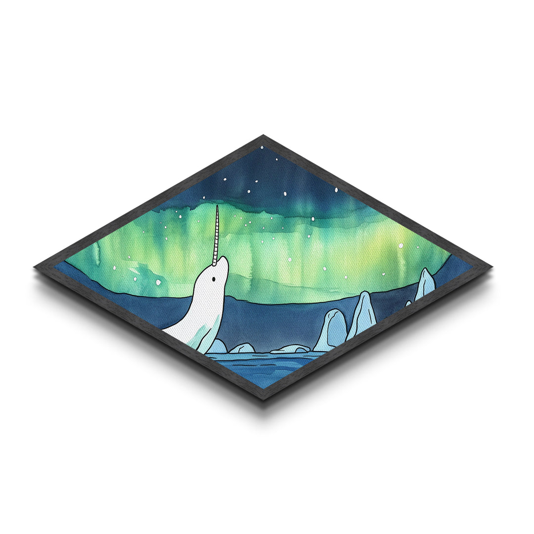 Whimsical Narwhal In The Arctic Canvas Textured Art Print, Diamond Shaped Wall Art, Aurora Borealis Wall Art, Cute Art