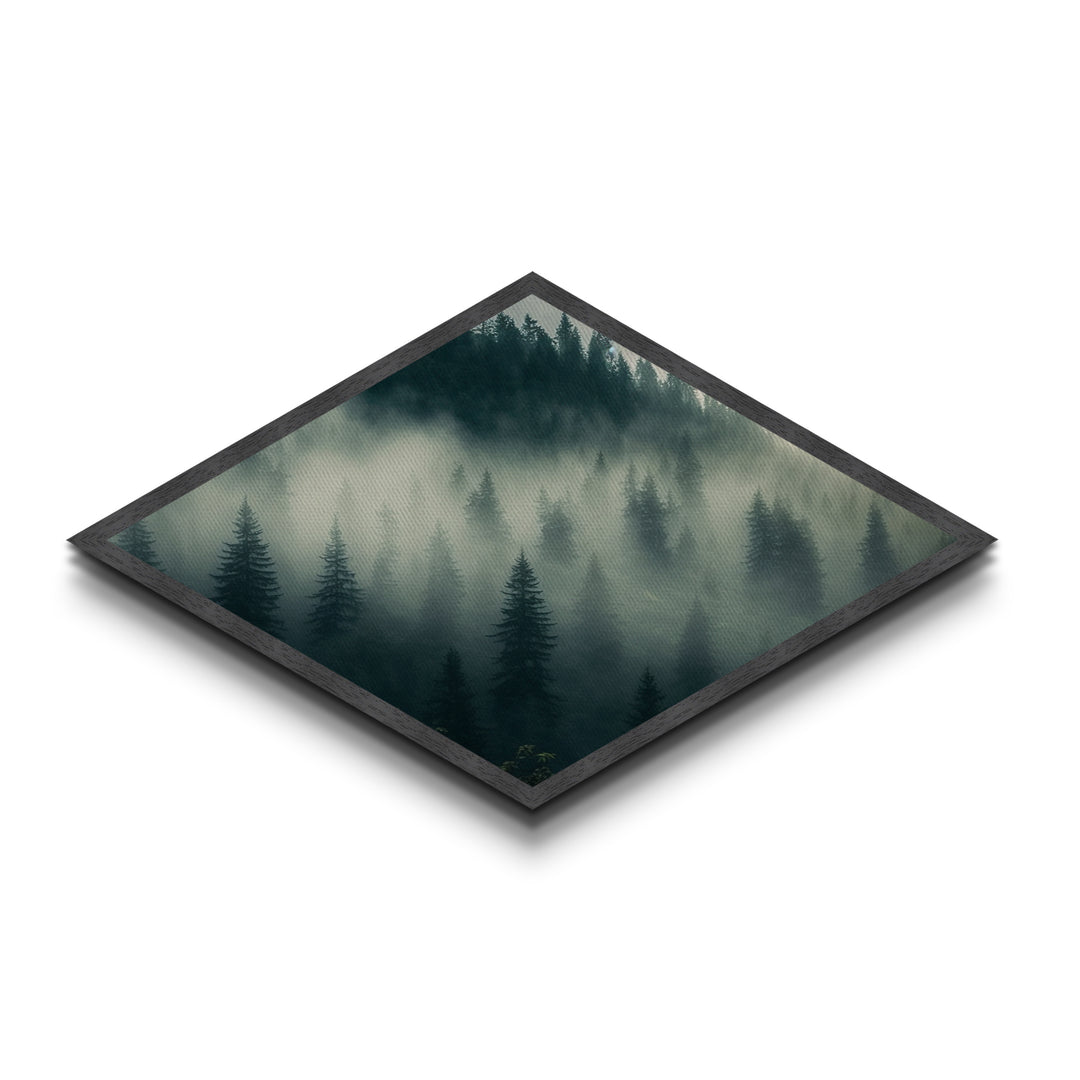 Fog Drenched Pines Diamond Shaped Forest Landscape Canvas Art Print Serene Tree Silhouettes Moody Mountain Fog Wilderness Wall Art