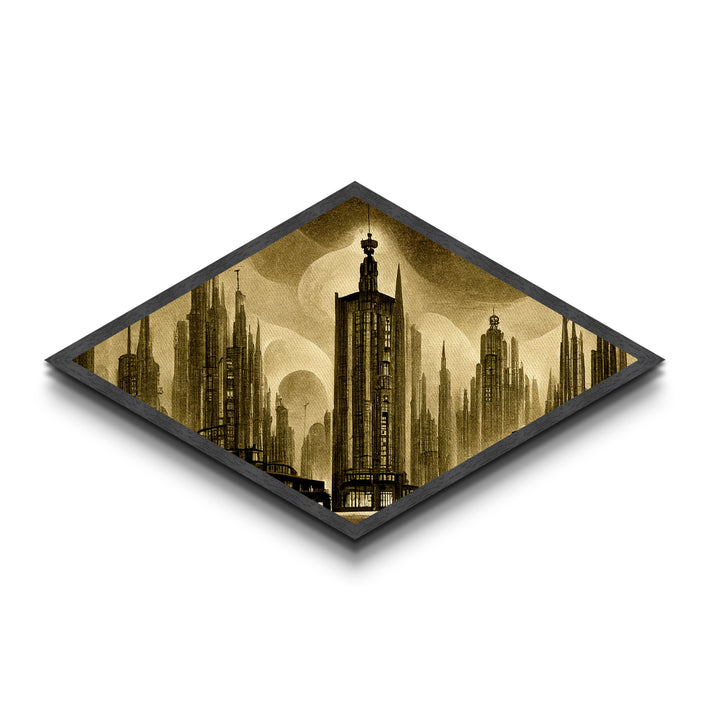 Dark City Art Deco Metropolis, Framed Canvas Art Print, Architecture Painting, Cool office Decor Gift For Him
