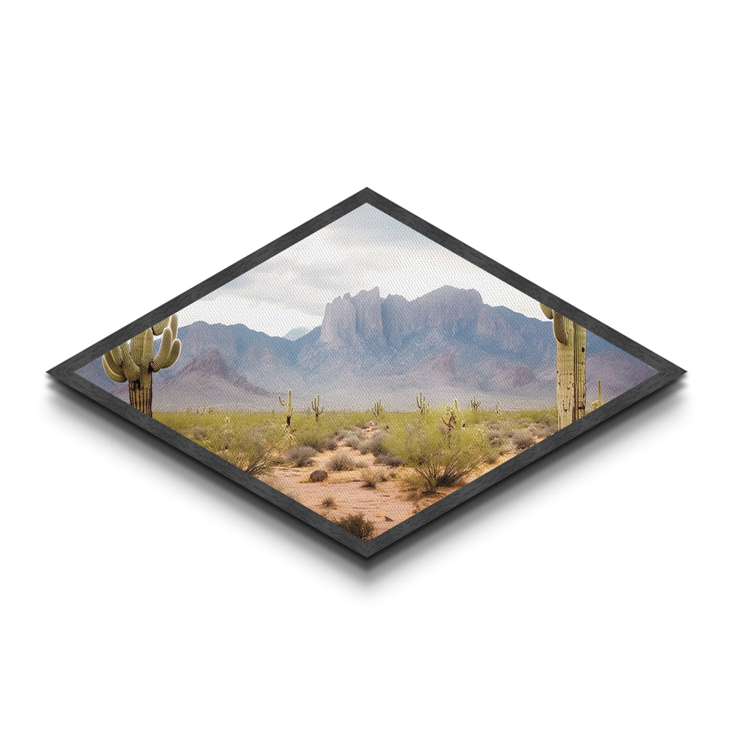 Desert Mountain Cactus View Diamond Shaped Canvas Textured Print southwestern desert landscape wall art rustic home decor gift