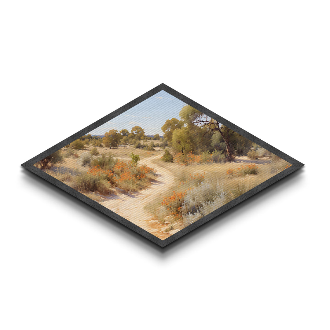 Desert Blossom Trail Diamond Shaped Canvas Embossed Print natural warm toned arid path art soft toned countryside landscape decor