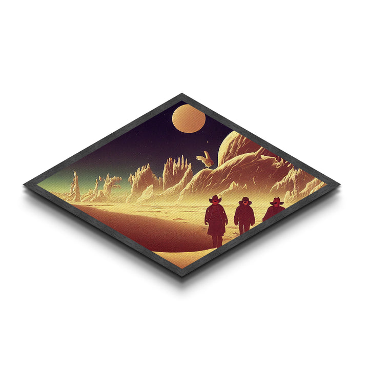 Surreal Desert Travelers Diamond Shaped Canvas Art Print sci-fi western moonscape fantasy terrain illustration cowboy outer space