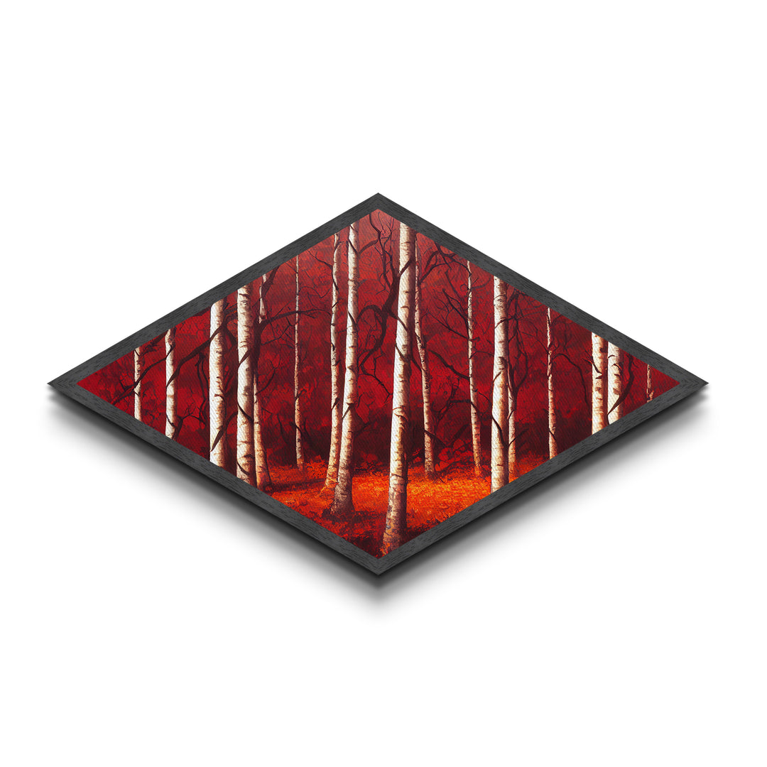 Crimson Birch Serenity Diamond Shaped Canvas Textured Print woodland red forest wall art nature painting rustic decor autumn tree scene