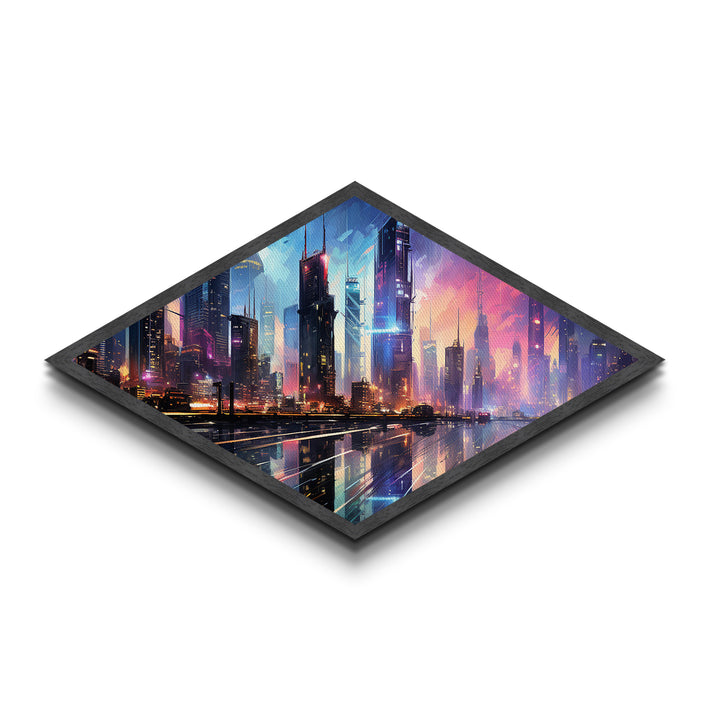 Neon Skyline Dreams Diamond Shaped Canvas Textured Print futuristic cyberpunk cityscape urban skyline glowing night downtown wall art