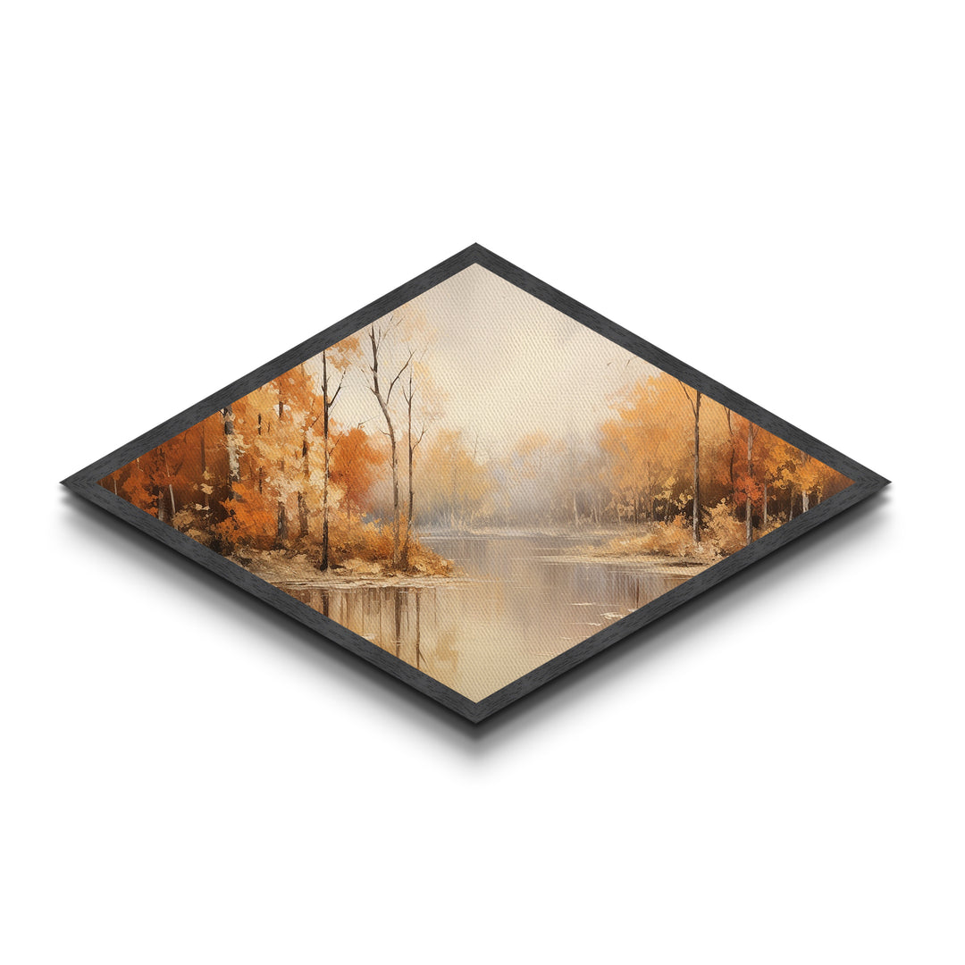Autumn River Mist Diamond Shaped Canvas Textured Print fall foliage forest lake reflection tranquil landscape nature orange wall decor