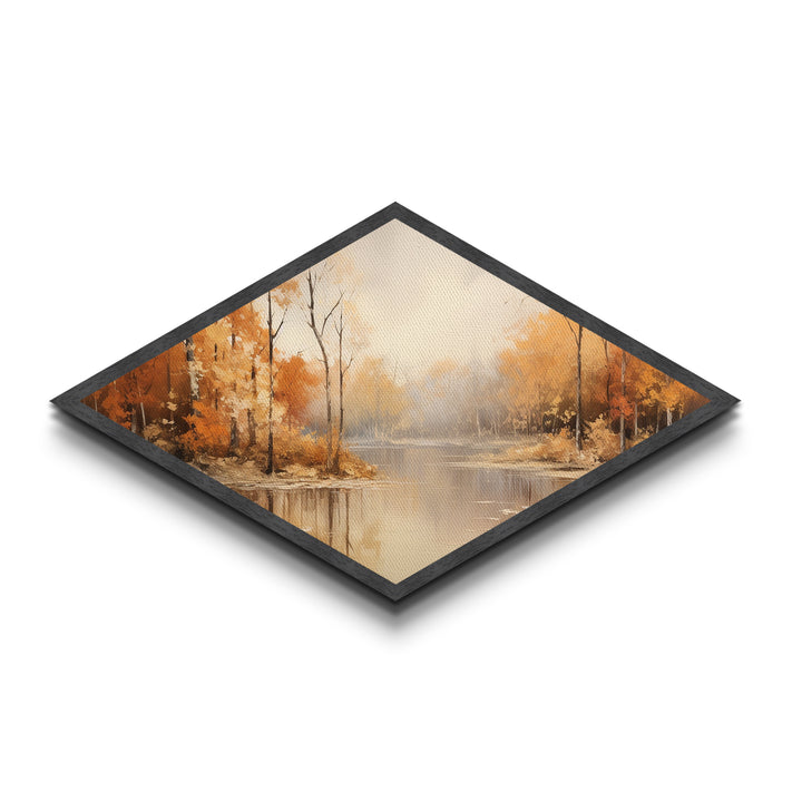 Autumn River Mist Diamond Shaped Canvas Textured Print fall foliage forest lake reflection tranquil landscape nature orange wall decor