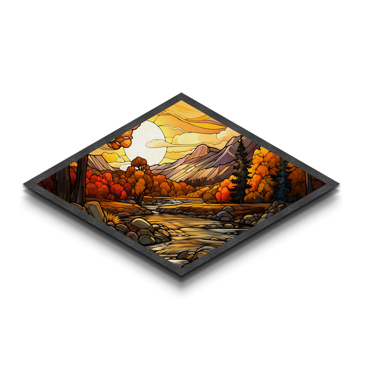 Diamond Shaped Autumn Gold Forest Canvas Textured Print Fall Leaves Landscape Misty Woodland Home Wall Decor Seasonal Nature Scene