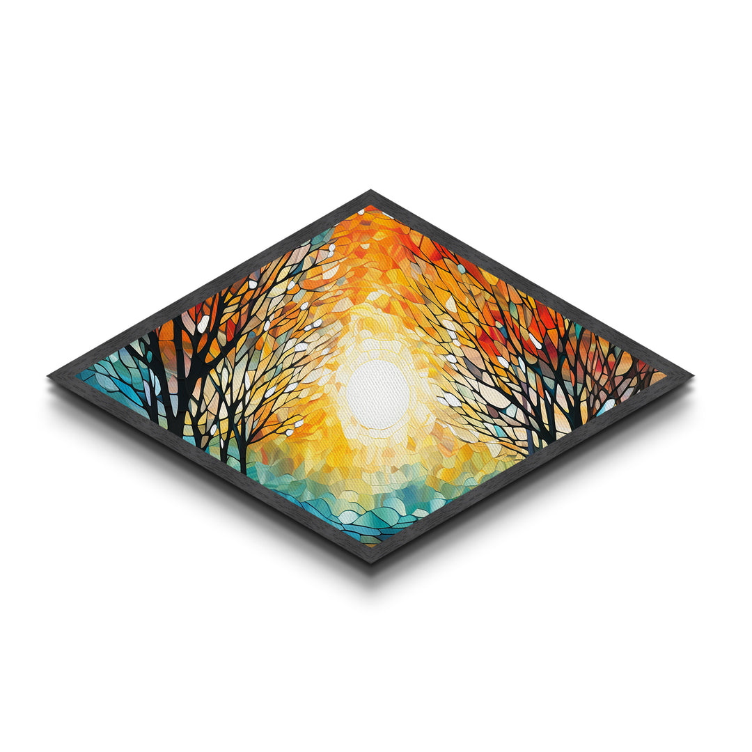 Diamond Shaped Sunset Tree Light Canvas Embossed Print Autumn Forest Stained Glass Style Landscape Wall Art Golden Hour Illumination