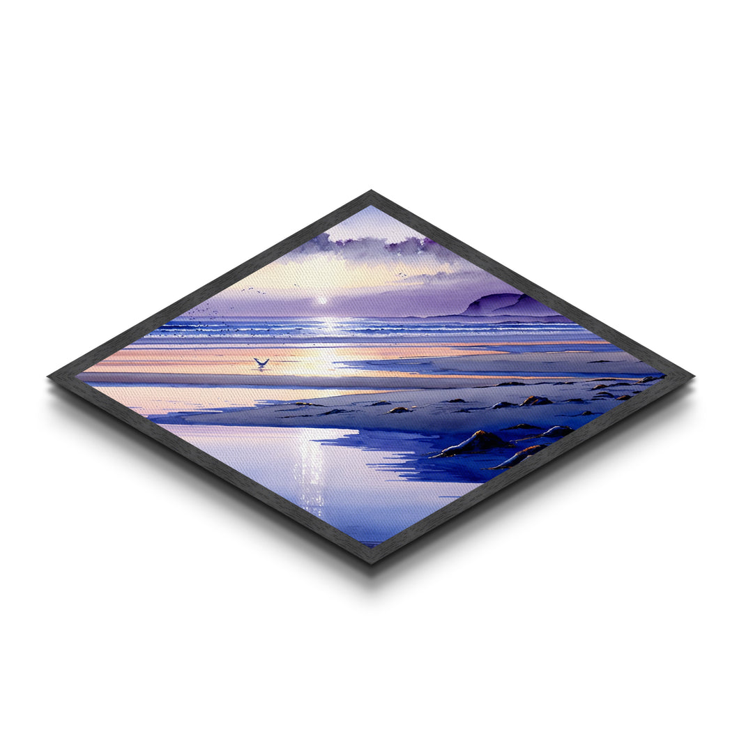 Pastel Coast Horizon – Diamond Shaped Tranquil Beach Scene, Serene Seaside Canvas Textured Print, Watercolor Ocean Wall Art