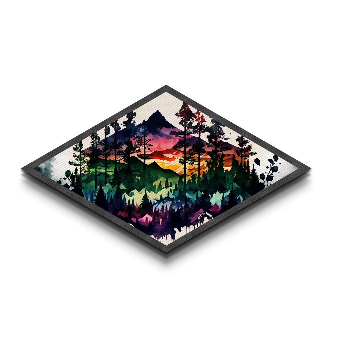 Vibrant Forest Silhouette – Diamond Shaped Mountain Sunset Canvas Textured Print, Abstract Nature Landscape Wall Art