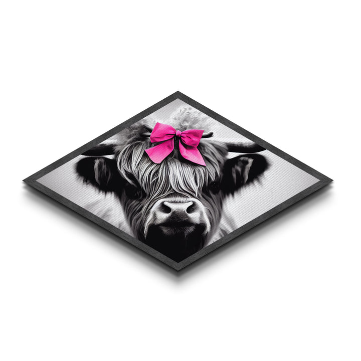 Diamond Shaped Highland Cow — Black and White Animal Portrait Canvas Textured Print, Farmhouse Decor, Pink Bow Nursery Art