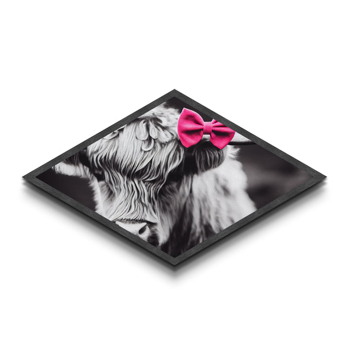 Diamond Shaped Cow Detail — Cute Highland Cow Wall Art Canvas Embossed Print, Rustic Farm Animal Decor, Pink Bow Aesthetic