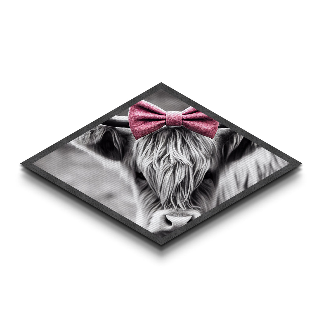 Diamond Shaped Cow Glance — Monochrome Highland Cow Canvas Textured Print, Farm Wall Decor, Whimsical Animal Art with Bow