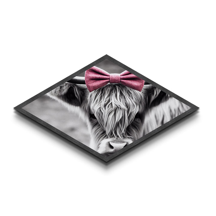 Diamond Shaped Cow Glance — Monochrome Highland Cow Canvas Textured Print, Farm Wall Decor, Whimsical Animal Art with Bow