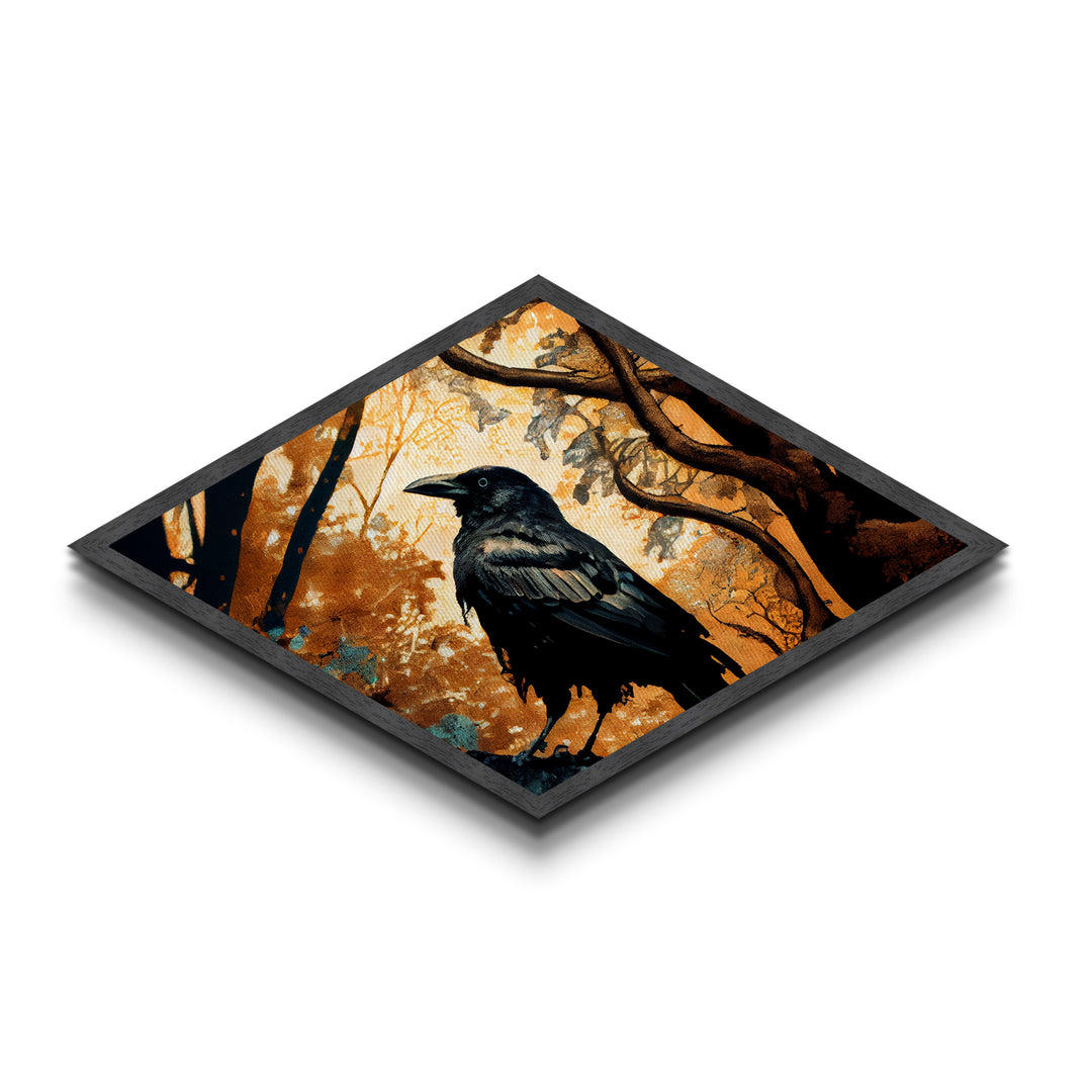Diamond Shaped Autumn Raven — Dark Forest Bird Art Canvas Embossed Print, Gothic Nature Wall Decor, Mysterious Crow Theme