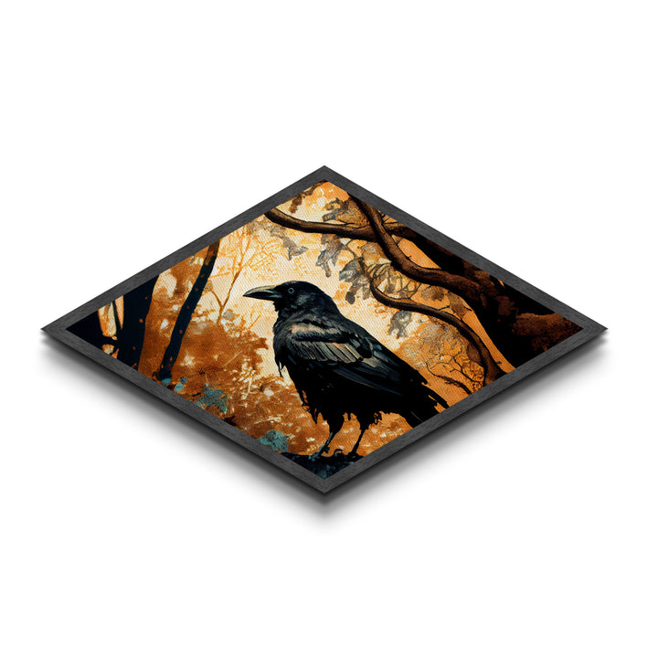 Diamond Shaped Autumn Raven — Dark Forest Bird Art Canvas Embossed Print, Gothic Nature Wall Decor, Mysterious Crow Theme