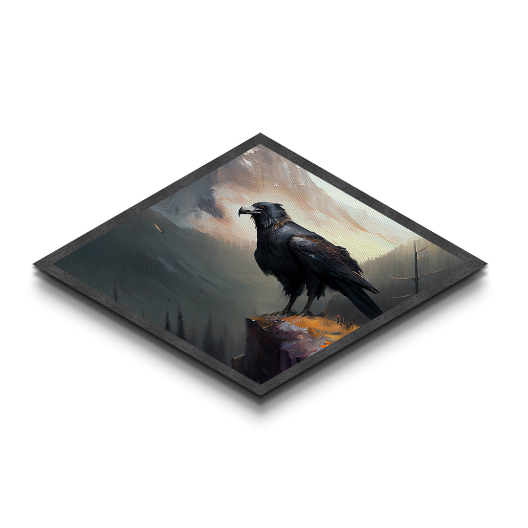 Diamond Shaped Mountain Raven — Dramatic Wilderness Bird Canvas Textured Print, Misty Cliff Landscape Wall Decor, Crow Art