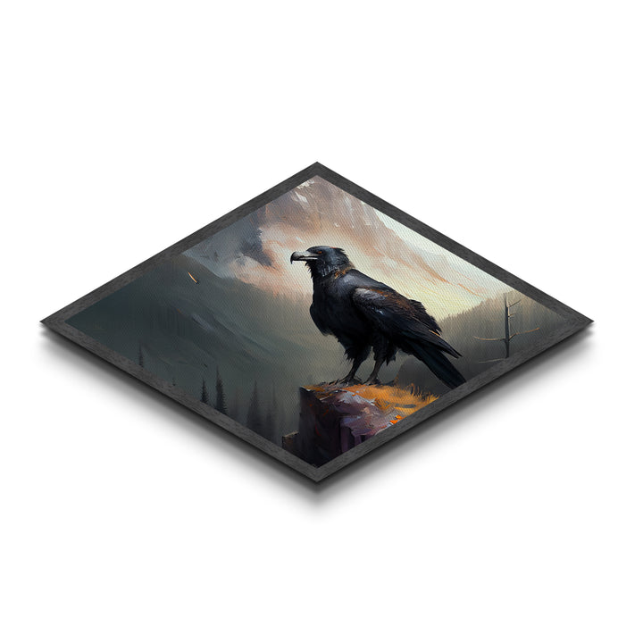 Diamond Shaped Mountain Raven — Dramatic Wilderness Bird Canvas Textured Print, Misty Cliff Landscape Wall Decor, Crow Art