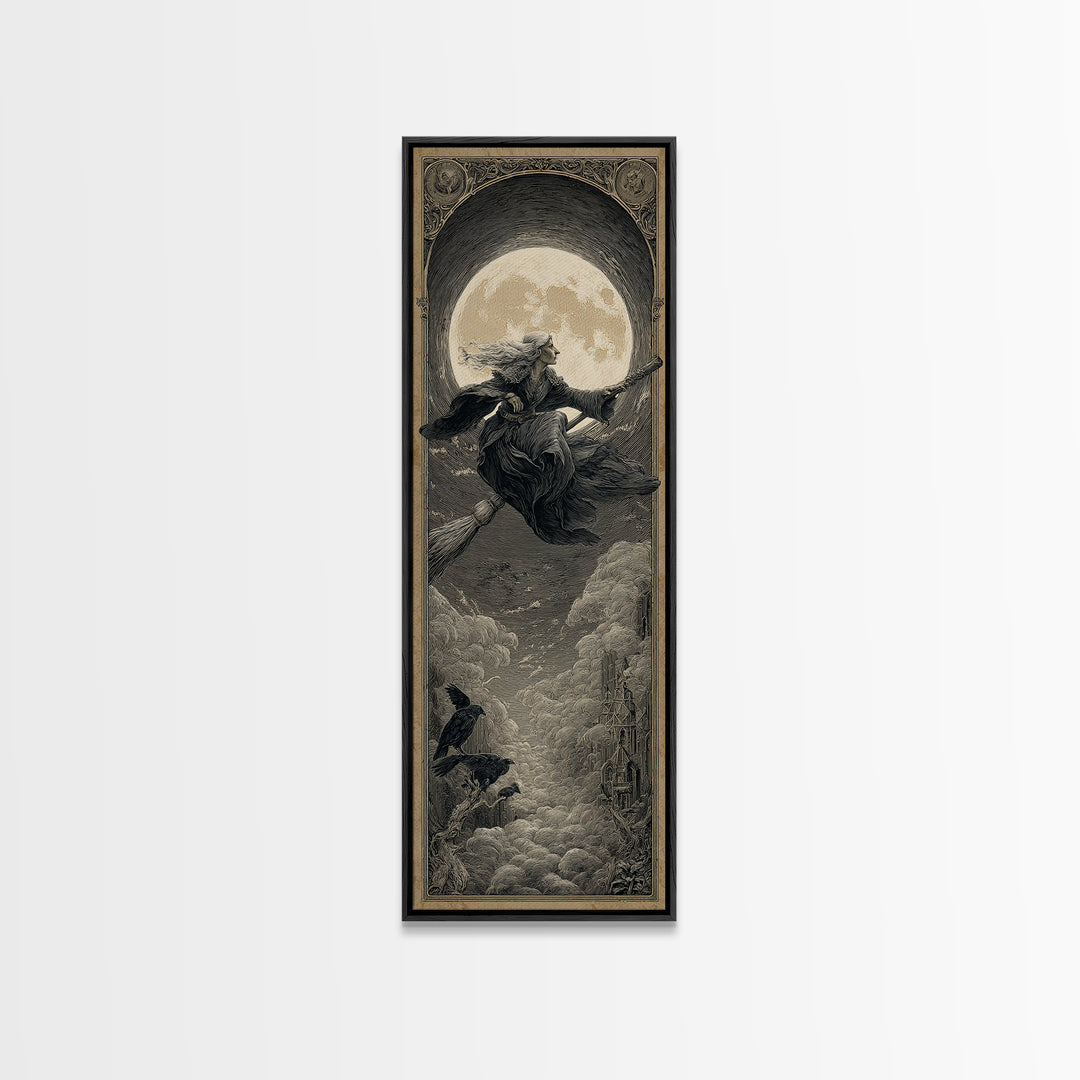 The Moonlit Witch, Gothic Engraving Art, Tall Narrow Wall Art, Dark Halloween Decor, Canvas Print, Halloween Wall Art