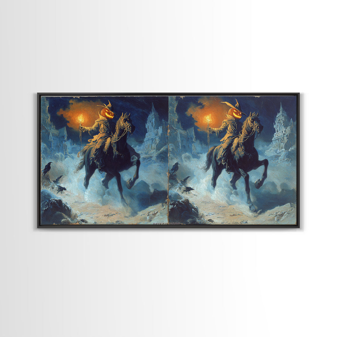 The Headless Horseman, Apocalyptic Romantic Art, Wide Panoramic Art, Gothic Horror Wall Art, Framed Canvas Print, Halloween Wall Art