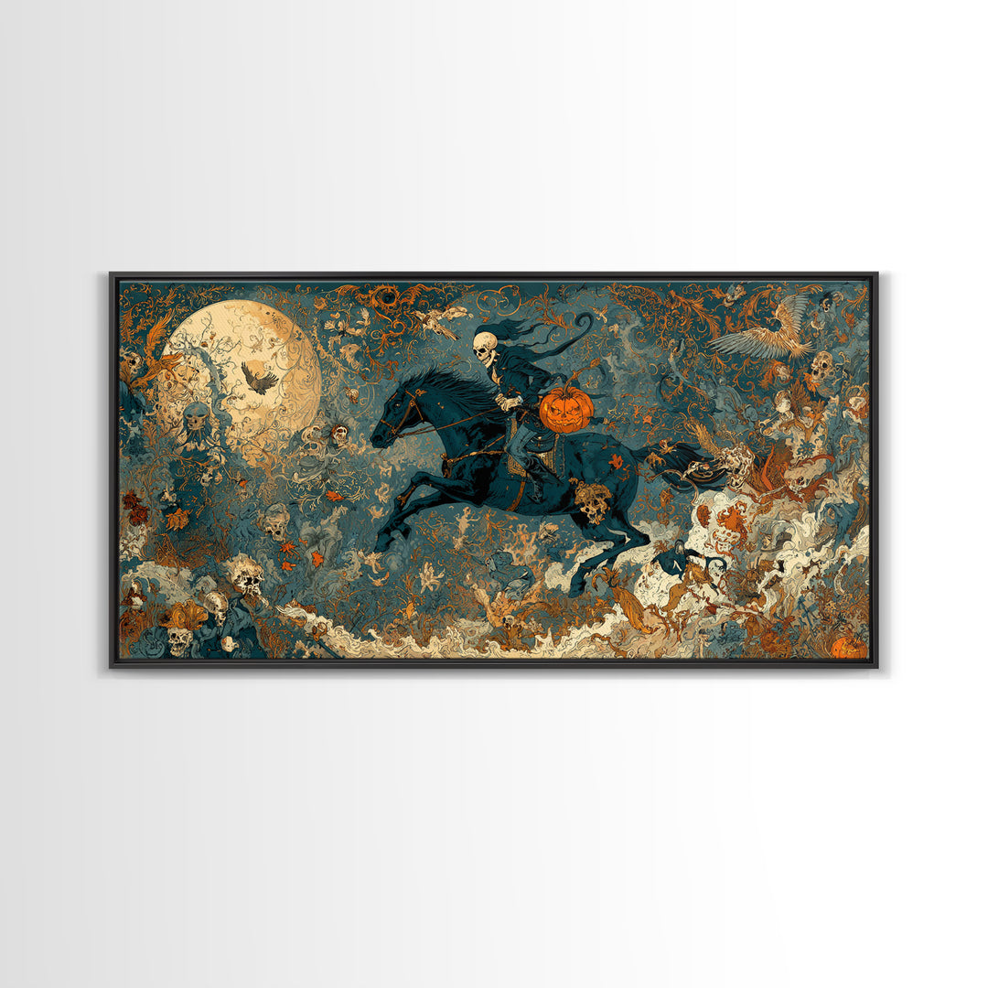 The Headless Horseman, Grotesque Carnival Art, Wide Panoramic Art, Dark Halloween Decor, Canvas Print, Halloween Wall Art