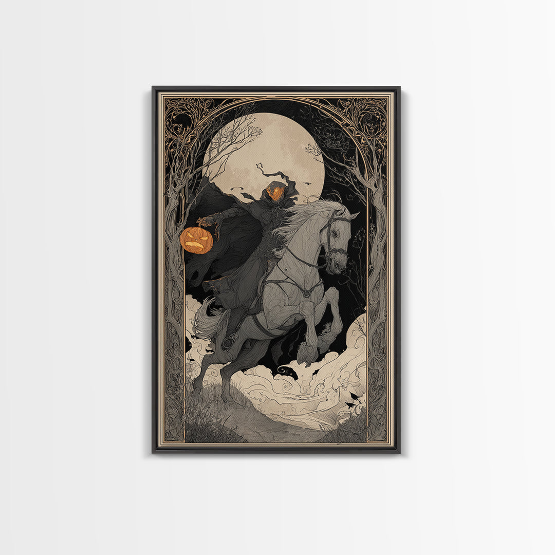 The Headless Horseman, Decadent Line Art, Vertical Wall Art, Gothic Horror Wall Art, Framed Canvas Print, Halloween Wall Art