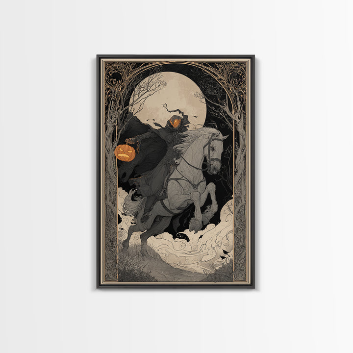 The Headless Horseman, Decadent Line Art, Vertical Wall Art, Gothic Horror Wall Art, Framed Canvas Print, Halloween Wall Art