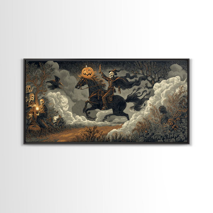 The Headless Horseman, Macabre Folk Print Art, Wide Panoramic Art, Gothic Horror Wall Art, Framed Canvas Print, Macabre Wall Art