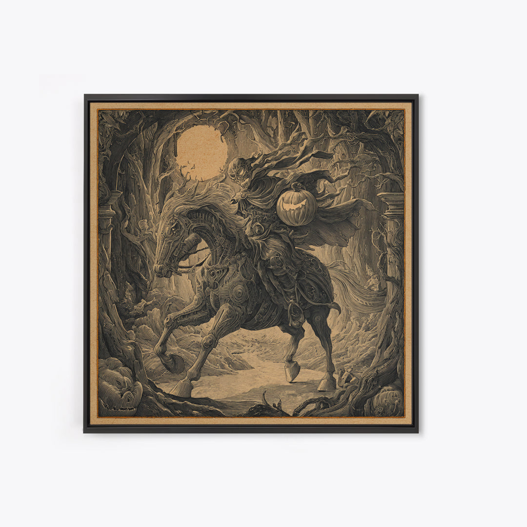 The Headless Horseman, Biomechanical Horror Art, Square Wall Art, Gothic Horror Wall Art, Framed Canvas Print, Halloween Wall Art