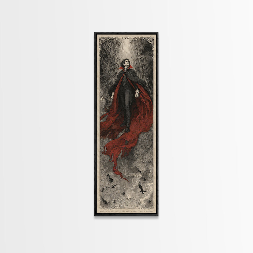 The Crimson Vampire, Gothic Engraving Art, Tall Narrow Wall Art, Dark Halloween Decor, Framed Canvas Print, Halloween Wall Art