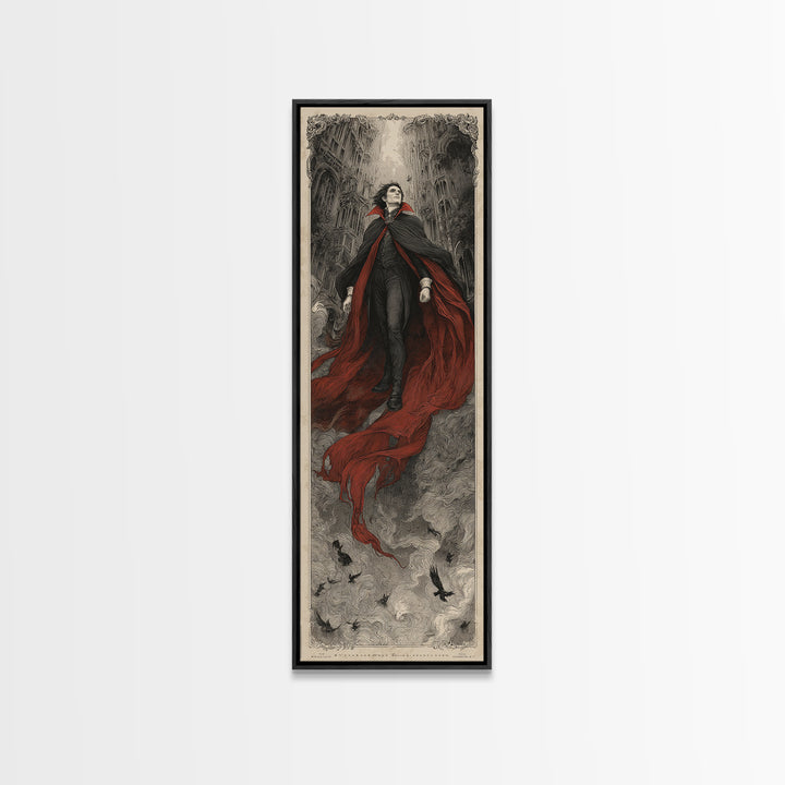The Crimson Vampire, Gothic Engraving Art, Tall Narrow Wall Art, Dark Halloween Decor, Framed Canvas Print, Halloween Wall Art