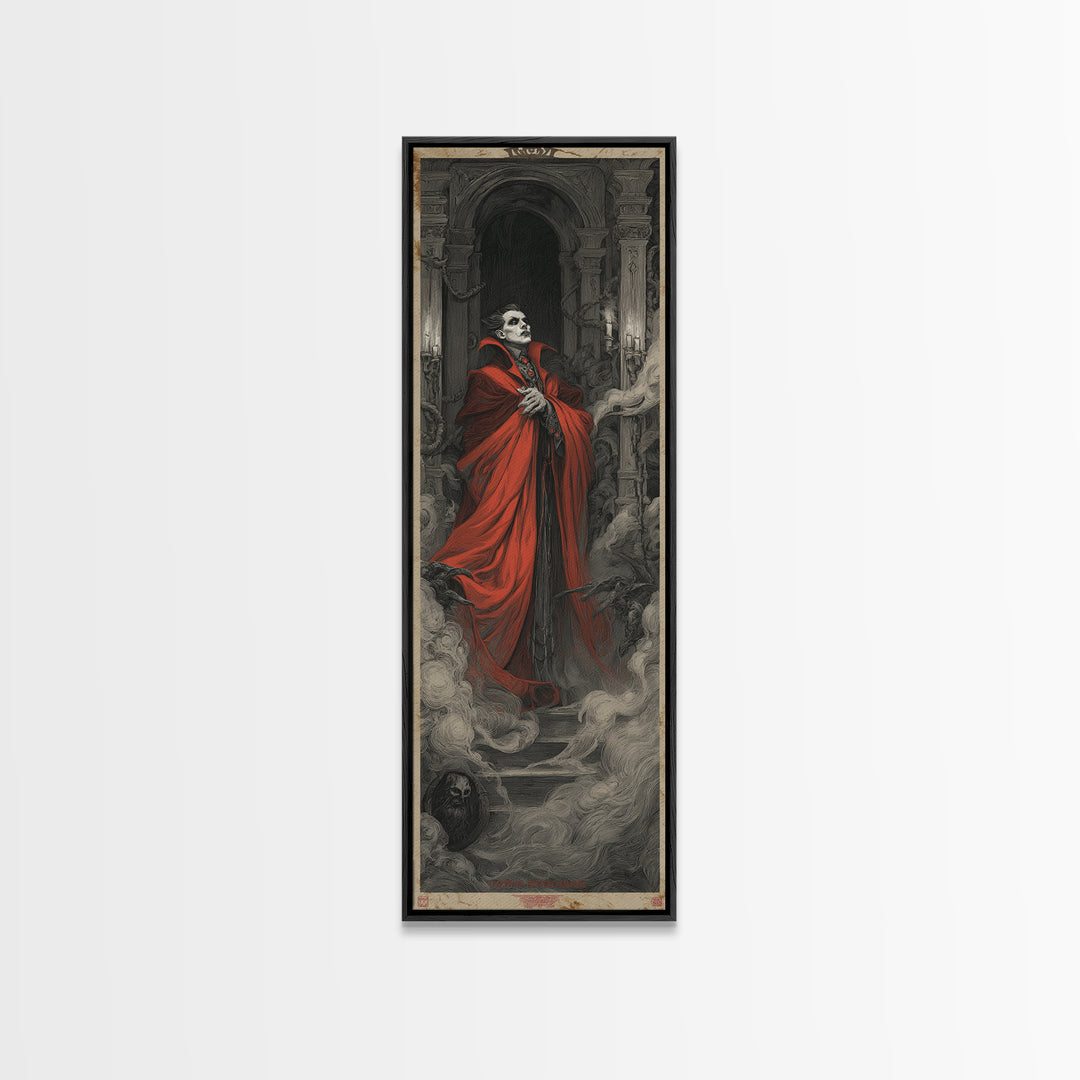 The Crimson Vampire, Architectural Etching Art, Tall Narrow Wall Art, Dark Fantasy Wall Art, Canvas Print, Halloween Wall Art