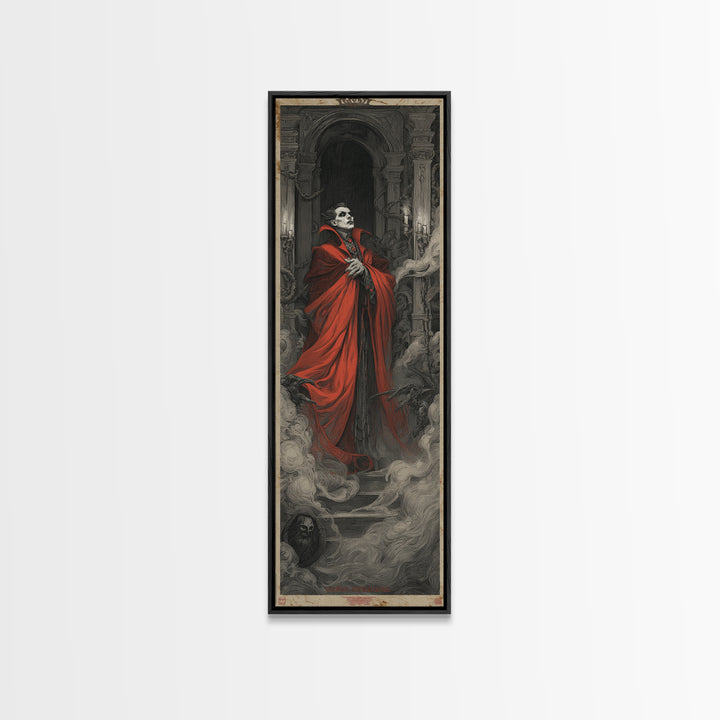 The Crimson Vampire, Architectural Etching Art, Tall Narrow Wall Art, Dark Fantasy Wall Art, Canvas Print, Halloween Wall Art