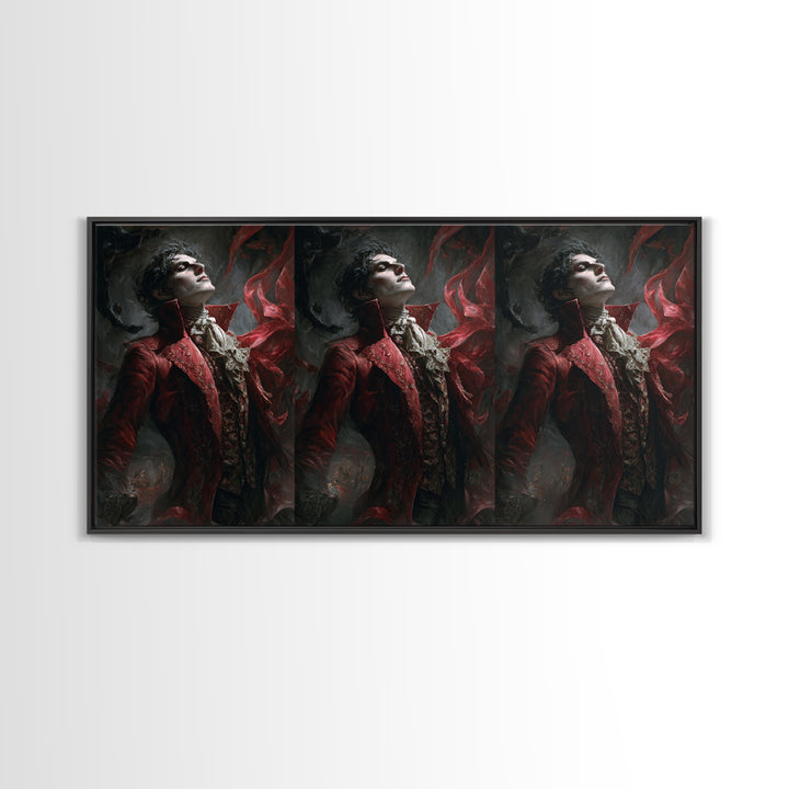 The Crimson Vampire, Apocalyptic Romantic Art, Wide Panoramic Art, Dark Halloween Decor, Framed Canvas Print, Halloween Wall Art