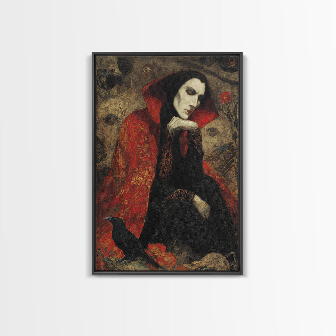 The Crimson Vampire, Symbolist Dream Art, Vertical Wall Art, Macabre Wall Art, Framed Canvas Print, Halloween Wall Art