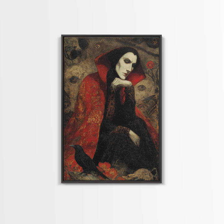 The Crimson Vampire, Symbolist Dream Art, Vertical Wall Art, Macabre Wall Art, Framed Canvas Print, Halloween Wall Art