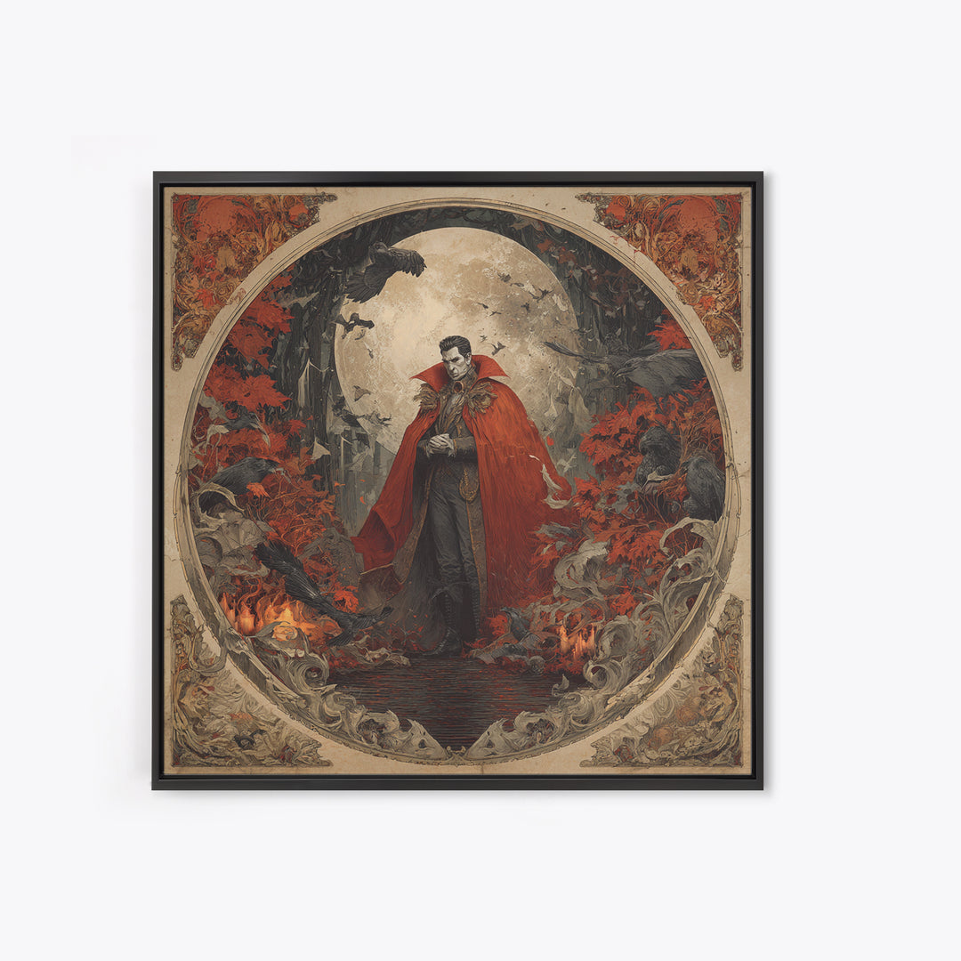 The Crimson Vampire, Symbolist Gothic Landscape, Square Wall Art, Dark Halloween Decor, Framed Canvas Print, Halloween Wall Art