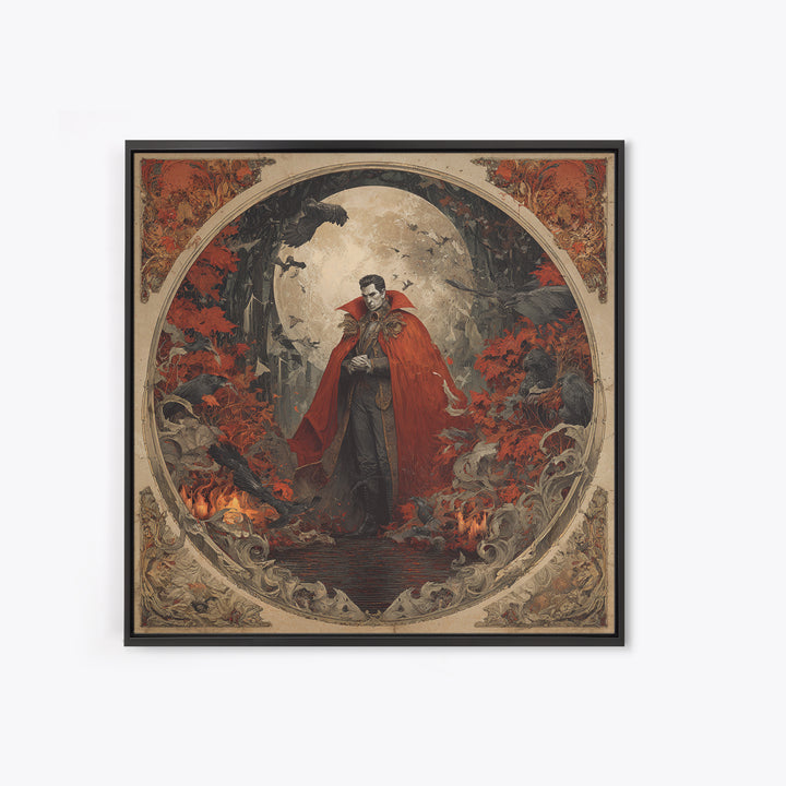 The Crimson Vampire, Symbolist Gothic Landscape, Square Wall Art, Dark Halloween Decor, Framed Canvas Print, Halloween Wall Art