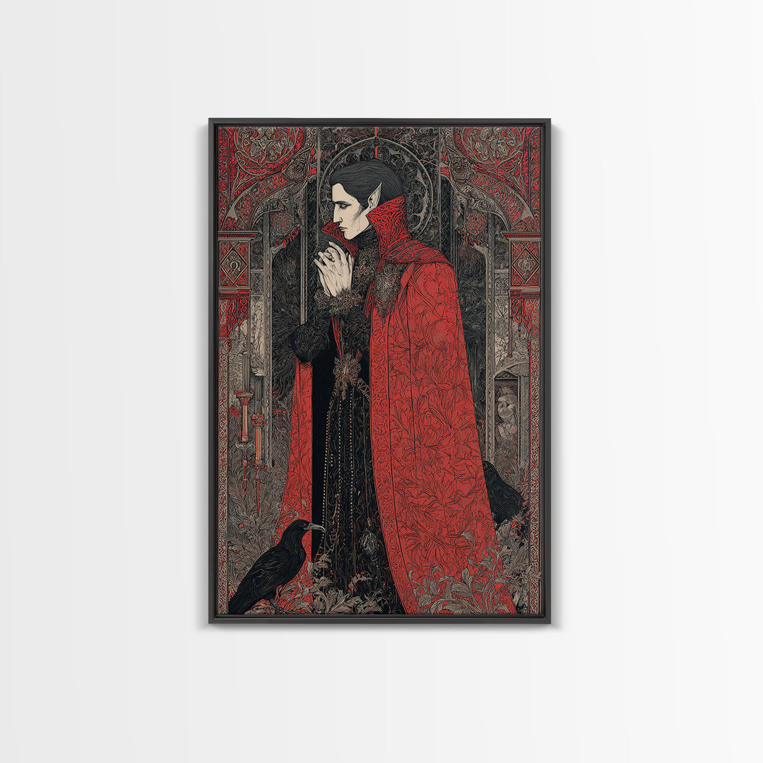 The Crimson Vampire, Stained Glass Gothic Art, Vertical Wall Art, Dark Fantasy Wall Art, Canvas Print, Halloween Wall Art, Halloween Decor