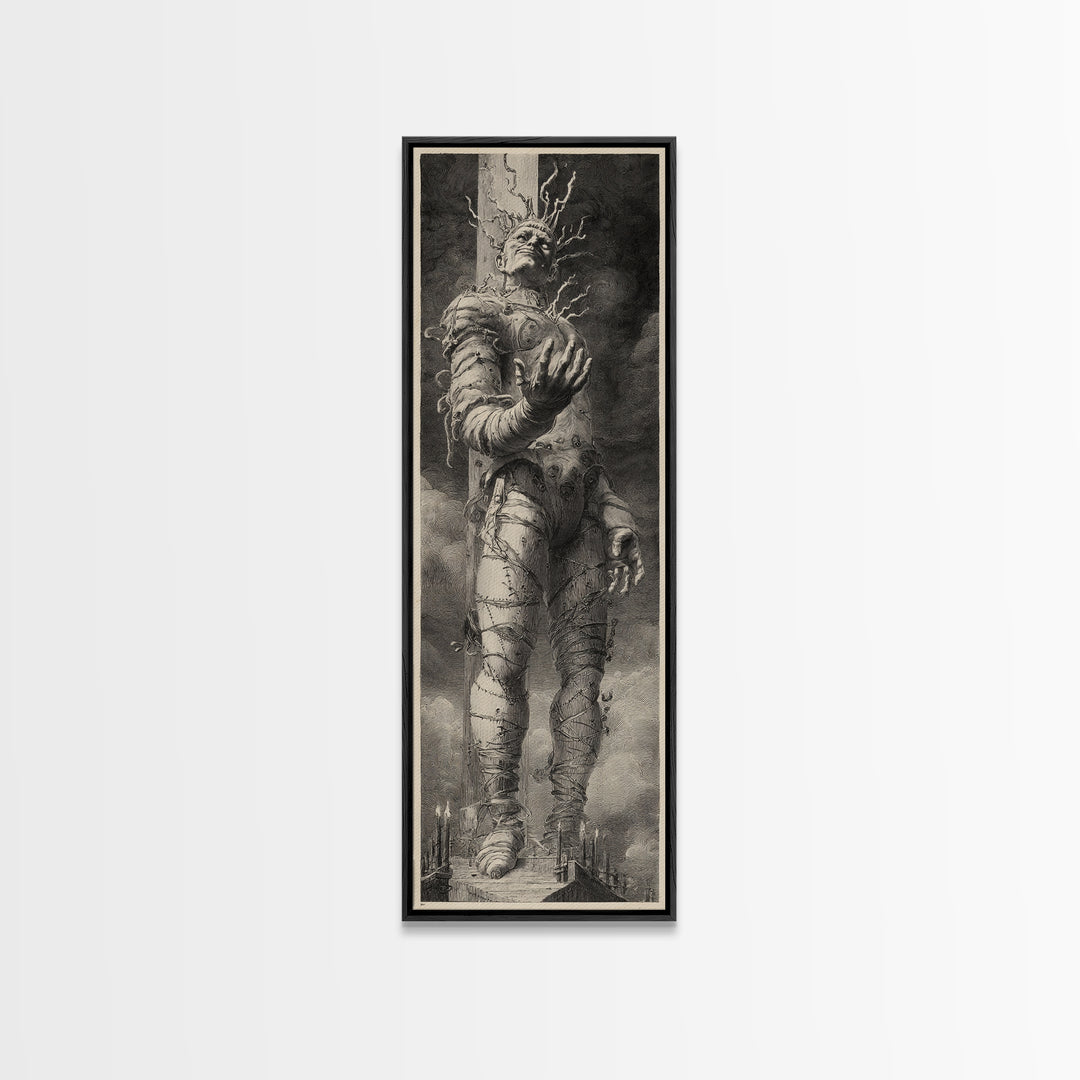 The Stitched Giant, Architectural Etching Art, Tall Narrow Wall Art, Dark Fantasy Wall Art, Framed Canvas Print